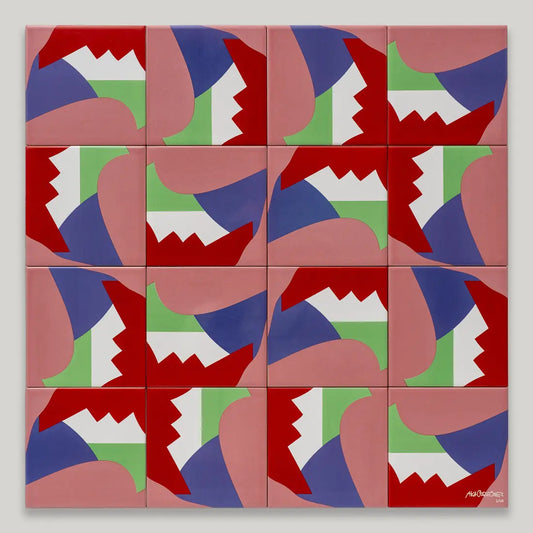 Abstract I limited edition ceramic tile artwork by Clay – bold red, green, and purple geometric design, available on Clay