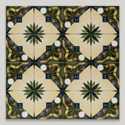 Serpente limited edition ceramic tile artwork by Clay – bold green and cream geometric design, available on Clay